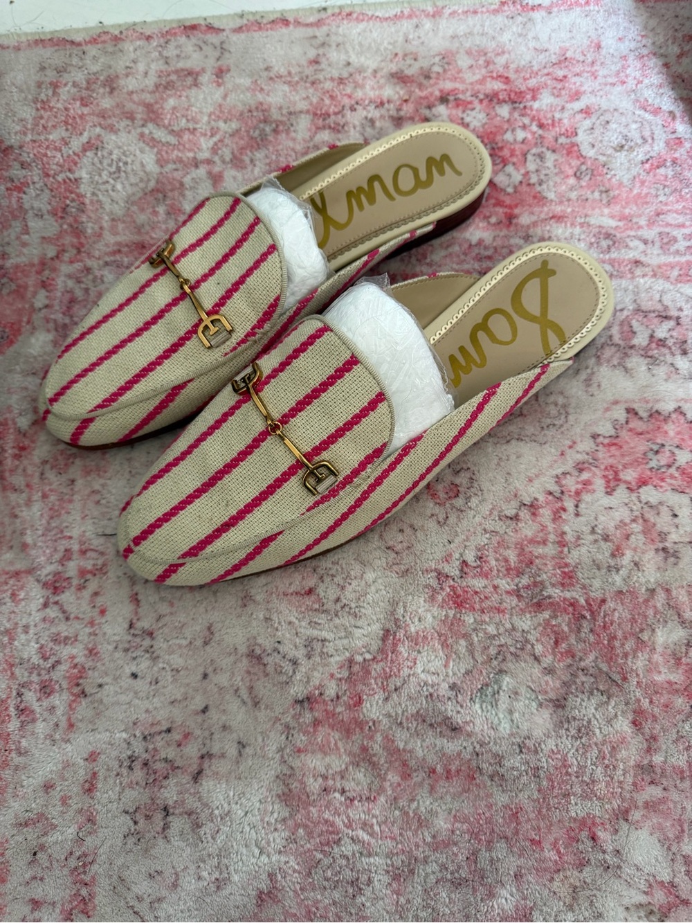 Sam Edelman Cream and Pink Striped Slip-On Mules with Gold Bit